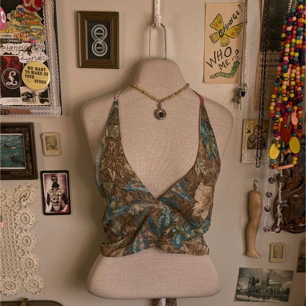 Gardenbelle Silk Halter Bralette Women's Medium Reversible Print